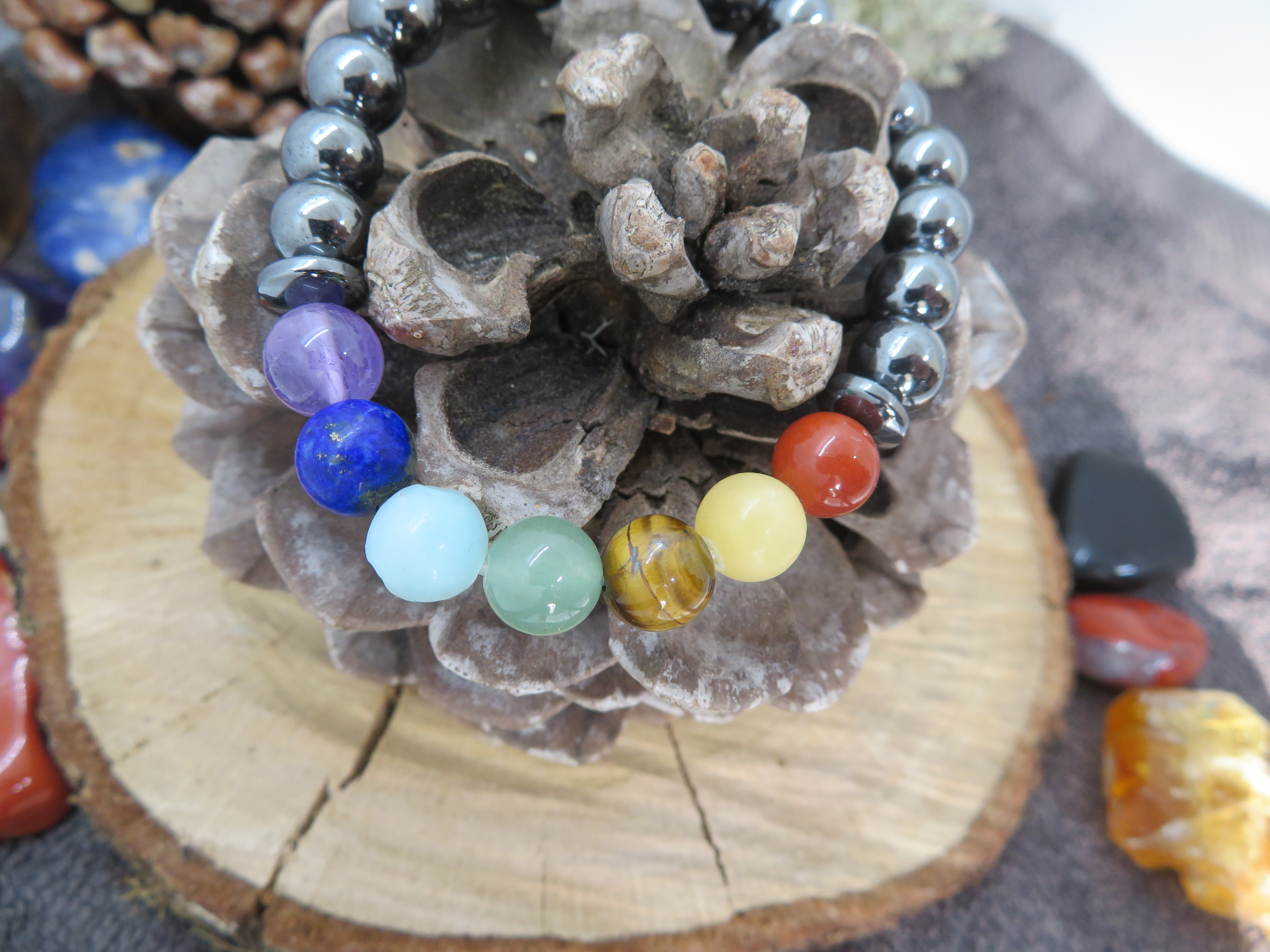 Bracelet harmonie et Hématite 7 chakras 8mm