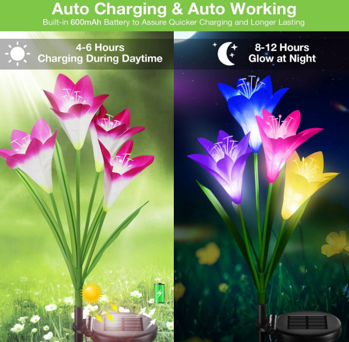 Solar Outdoor Lights Garden Decor, 6 Pack Upgraded Solar LED Flower Lights with 24 Bigger Lily Flower Lamp, 7 Color Changing Waterproof Solar Lights Outdoor for Garden Yard Decor, Gift