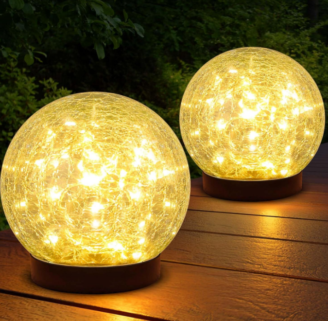 2-Pack Garden Solar Lights Outdoor, Cracked Glass Ball Light Waterproof, Decorative Solar Globe Lights Warm White for Yard Pathway Patio Lawn
