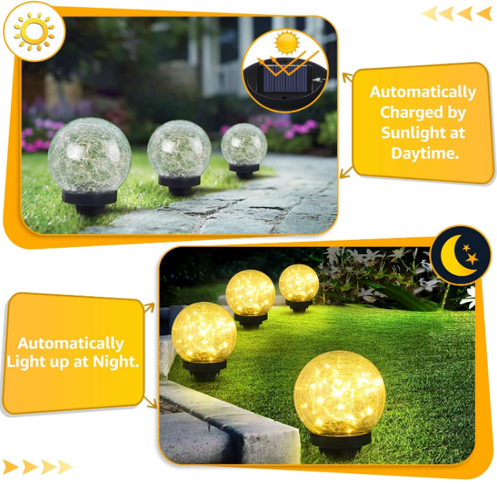 2-Pack Garden Solar Lights Outdoor, Cracked Glass Ball Light Waterproof, Decorative Solar Globe Lights Warm White for Yard Pathway Patio Lawn