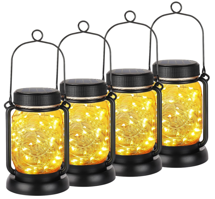 4 Pack Solar Hanging Lantern with Stakes, Outdoor Waterproof Solar Mason Jar Fairy String Lights Decorative Vintage Glass Lamp-Warm White