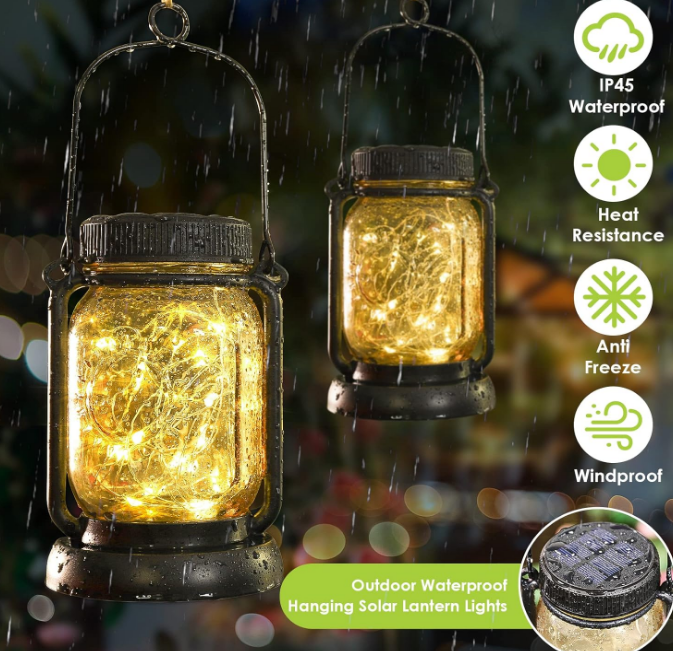 4 Pack Solar Hanging Lantern with Stakes, Outdoor Waterproof Solar Mason Jar Fairy String Lights Decorative Vintage Glass Lamp-Warm White