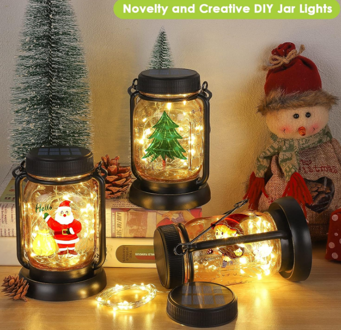 4 Pack Solar Hanging Lantern with Stakes, Outdoor Waterproof Solar Mason Jar Fairy String Lights Decorative Vintage Glass Lamp-Warm White