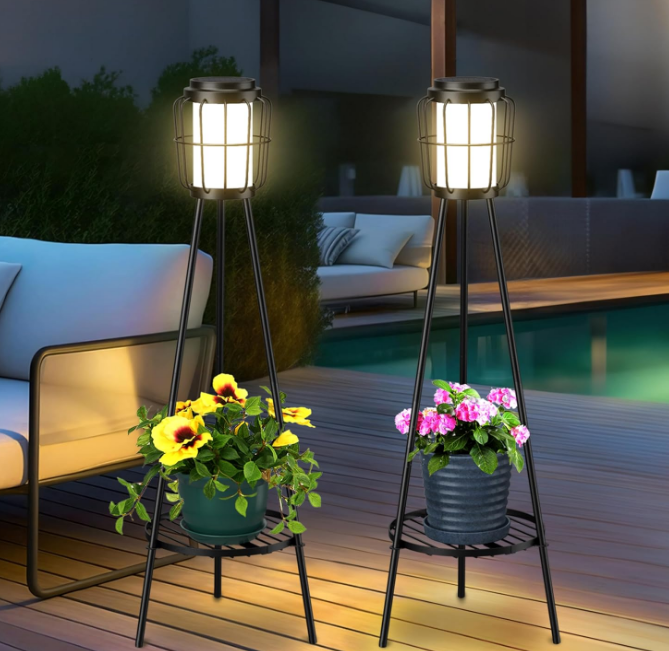 2 Pack Solar Lights with Plant Stand, Solar Floor Lamps, Waterproof Solar Powered Outdoor Lights Flower Shelf for Patio Porch Deck Yard Garden Decor