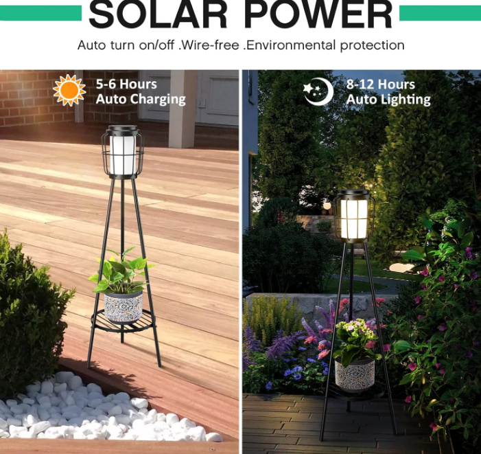 2 Pack Solar Lights with Plant Stand, Solar Floor Lamps, Waterproof Solar Powered Outdoor Lights Flower Shelf for Patio Porch Deck Yard Garden Decor