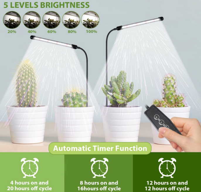Juhefa Grow Light for Indoor Plants Growing, 6000K Full Spectrum Gooseneck Plant Lamp for Seedings Succulents Small Plants, Auto On/Off Timing & 5 Dimming, 1-PACK