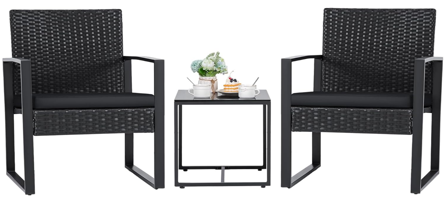 3 Pieces Patio Set Outdoor Wicker Furniture Sets Modern Rattan Chair Conversation Sets with Coffee Table for Yard and Bistro (Black)