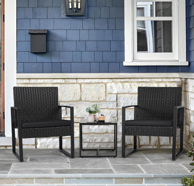 3 Pieces Patio Set Outdoor Wicker Furniture Sets Modern Rattan Chair Conversation Sets with Coffee Table for Yard and Bistro (Black)