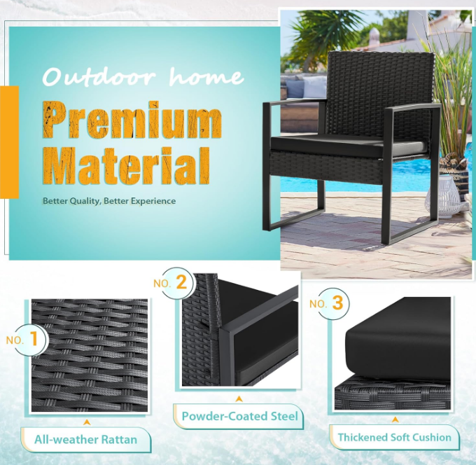 3 Pieces Patio Set Outdoor Wicker Furniture Sets Modern Rattan Chair Conversation Sets with Coffee Table for Yard and Bistro (Black)