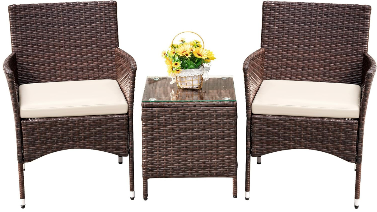  Patio Porch Furniture Sets 3 Pieces PE Rattan Wicker Chairs with Table Outdoor Garden Furniture Sets (Brown/Beige)