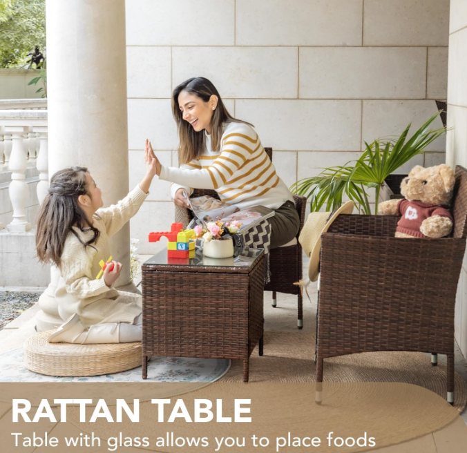  Patio Porch Furniture Sets 3 Pieces PE Rattan Wicker Chairs with Table Outdoor Garden Furniture Sets (Brown/Beige)