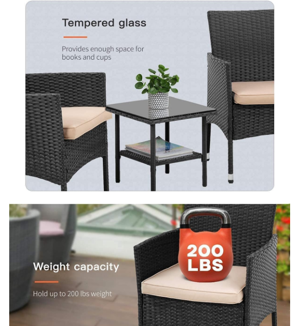 Patio Furniture Set Outdoor Furniture Wicker Bistro Rattan Chair Conversation Sets with Coffee Table for Yard Backyard Lawn Porch Poolside Balcony,Black