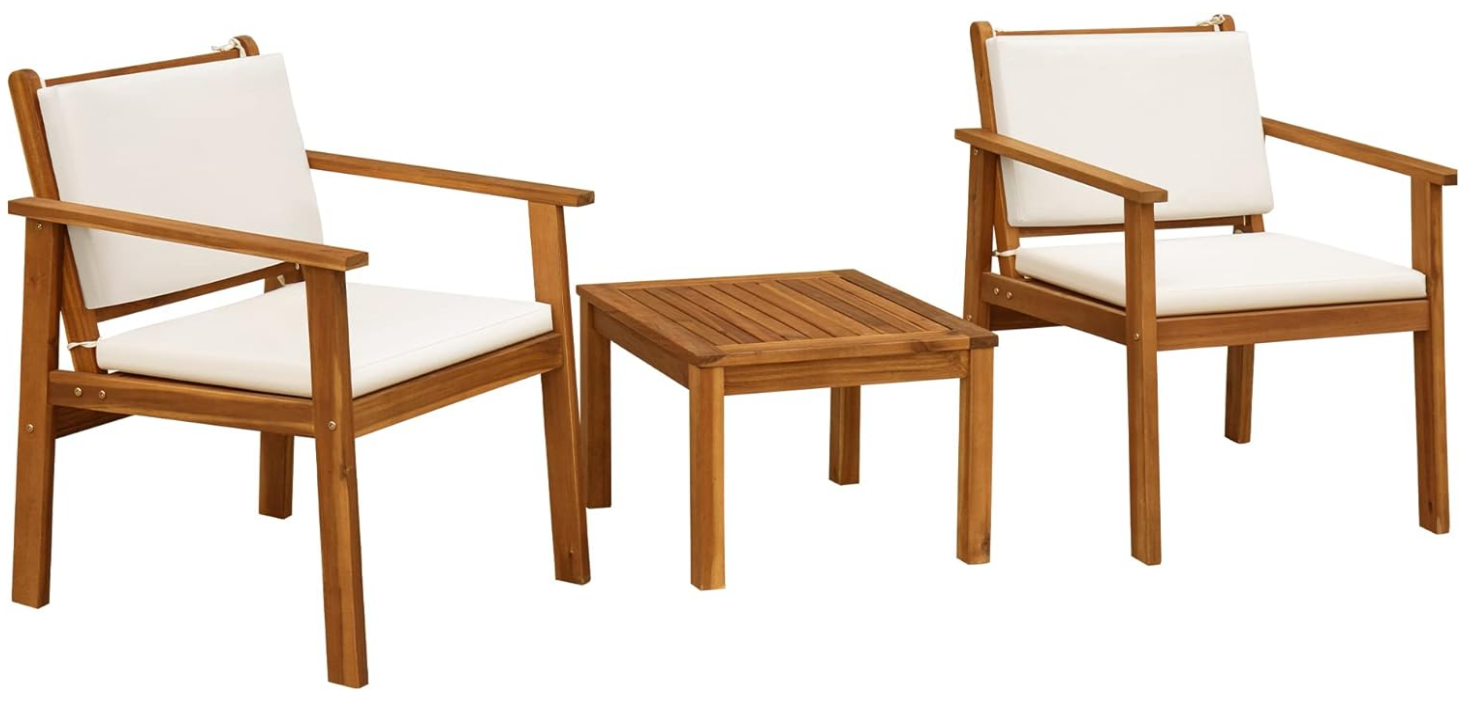 Patio Chairs 3 Piece Acacia Wood Patio Furniture with Coffee Table & Cushions Outdoor Conversation Set Balcony Chairs for Porch, Deck, Backyard