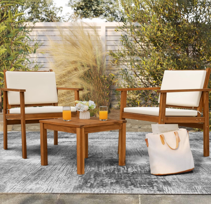 Patio Chairs 3 Piece Acacia Wood Patio Furniture with Coffee Table & Cushions Outdoor Conversation Set Balcony Chairs for Porch, Deck, Backyard