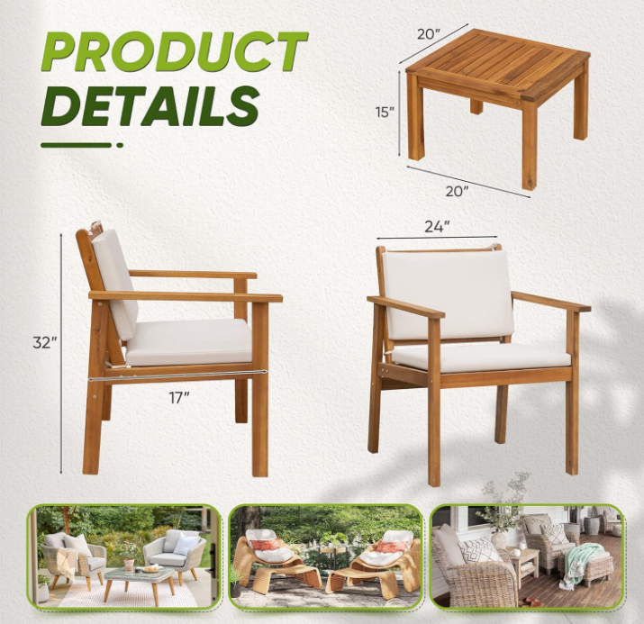 Patio Chairs 3 Piece Acacia Wood Patio Furniture with Coffee Table & Cushions Outdoor Conversation Set Balcony Chairs for Porch, Deck, Backyard