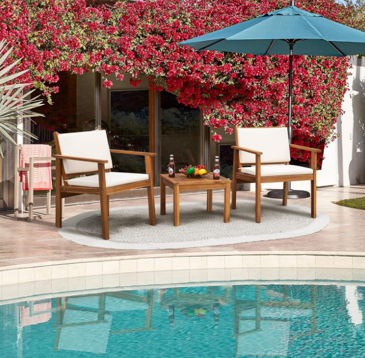 Patio Chairs 3 Piece Acacia Wood Patio Furniture with Coffee Table & Cushions Outdoor Conversation Set Balcony Chairs for Porch, Deck, Backyard