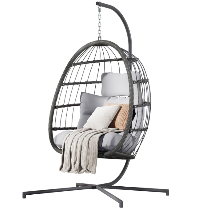 Hanging Egg Chair with Stand, Patio Wicker Egg Swing Chair with Cushion for Bedroom Garden Indoor Outdoor (Grey)