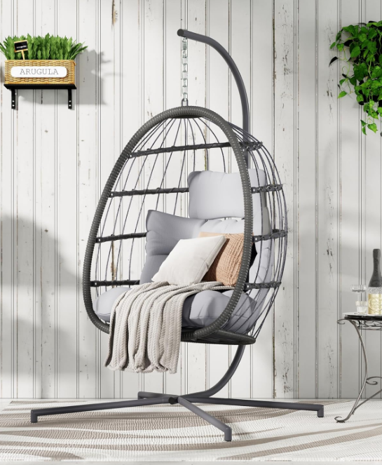 Hanging Egg Chair with Stand, Patio Wicker Egg Swing Chair with Cushion for Bedroom Garden Indoor Outdoor (Grey)