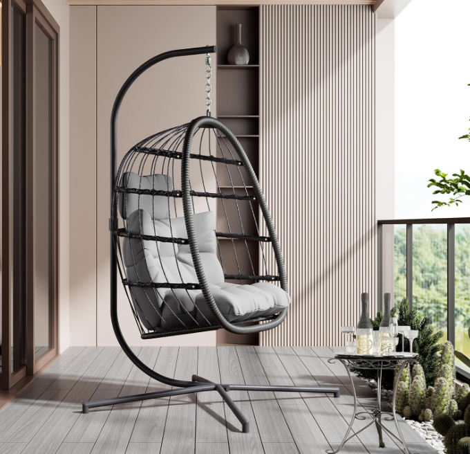 Hanging Egg Chair with Stand, Patio Wicker Egg Swing Chair with Cushion for Bedroom Garden Indoor Outdoor (Grey)