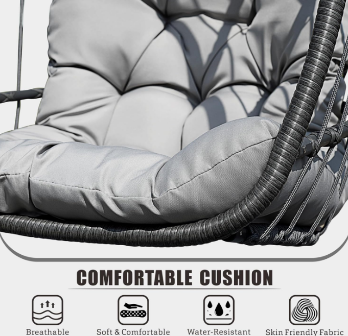 Hanging Egg Chair with Stand, Patio Wicker Egg Swing Chair with Cushion for Bedroom Garden Indoor Outdoor (Grey)