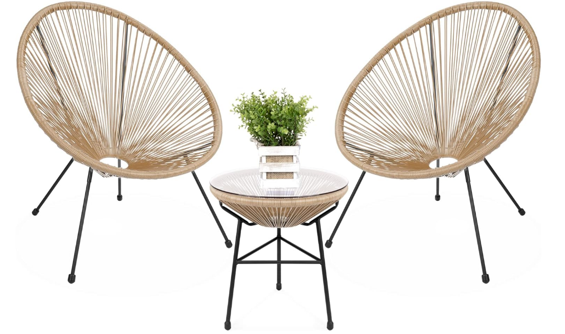 Choice Products 3-Piece Outdoor Acapulco All-Weather Patio Conversation Bistro Set w/Plastic Rope, Glass Top Table and 2 Chairs - Natural