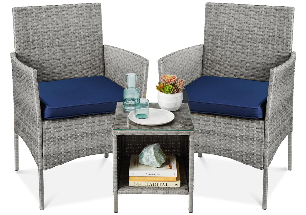 3-Piece Outdoor Wicker Conversation Bistro Set, Space Saving Patio Furniture for Garden w/Side Table - Gray/Navy