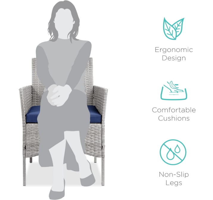 3-Piece Outdoor Wicker Conversation Bistro Set, Space Saving Patio Furniture for Garden w/Side Table - Gray/Navy