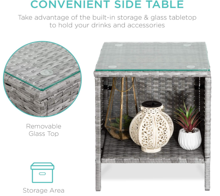 3-Piece Outdoor Wicker Conversation Bistro Set, Space Saving Patio Furniture for Garden w/Side Table - Gray/Navy