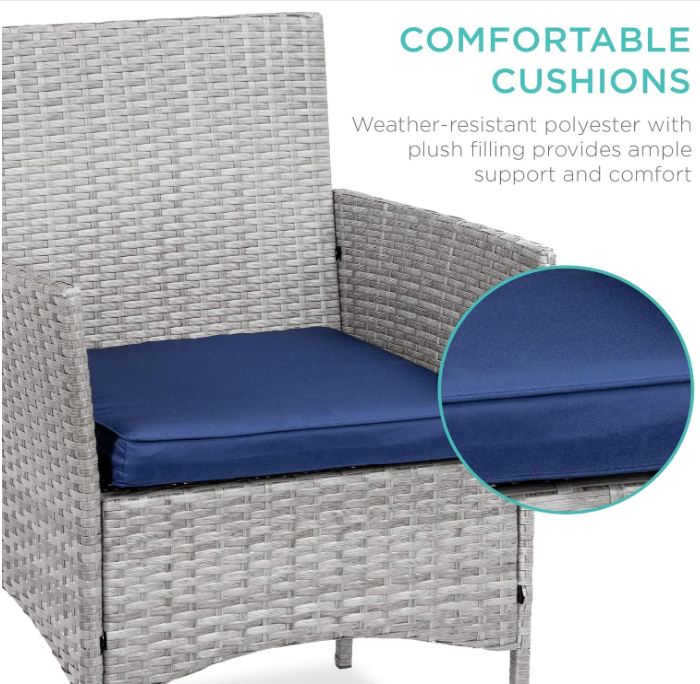 3-Piece Outdoor Wicker Conversation Bistro Set, Space Saving Patio Furniture for Garden w/Side Table - Gray/Navy