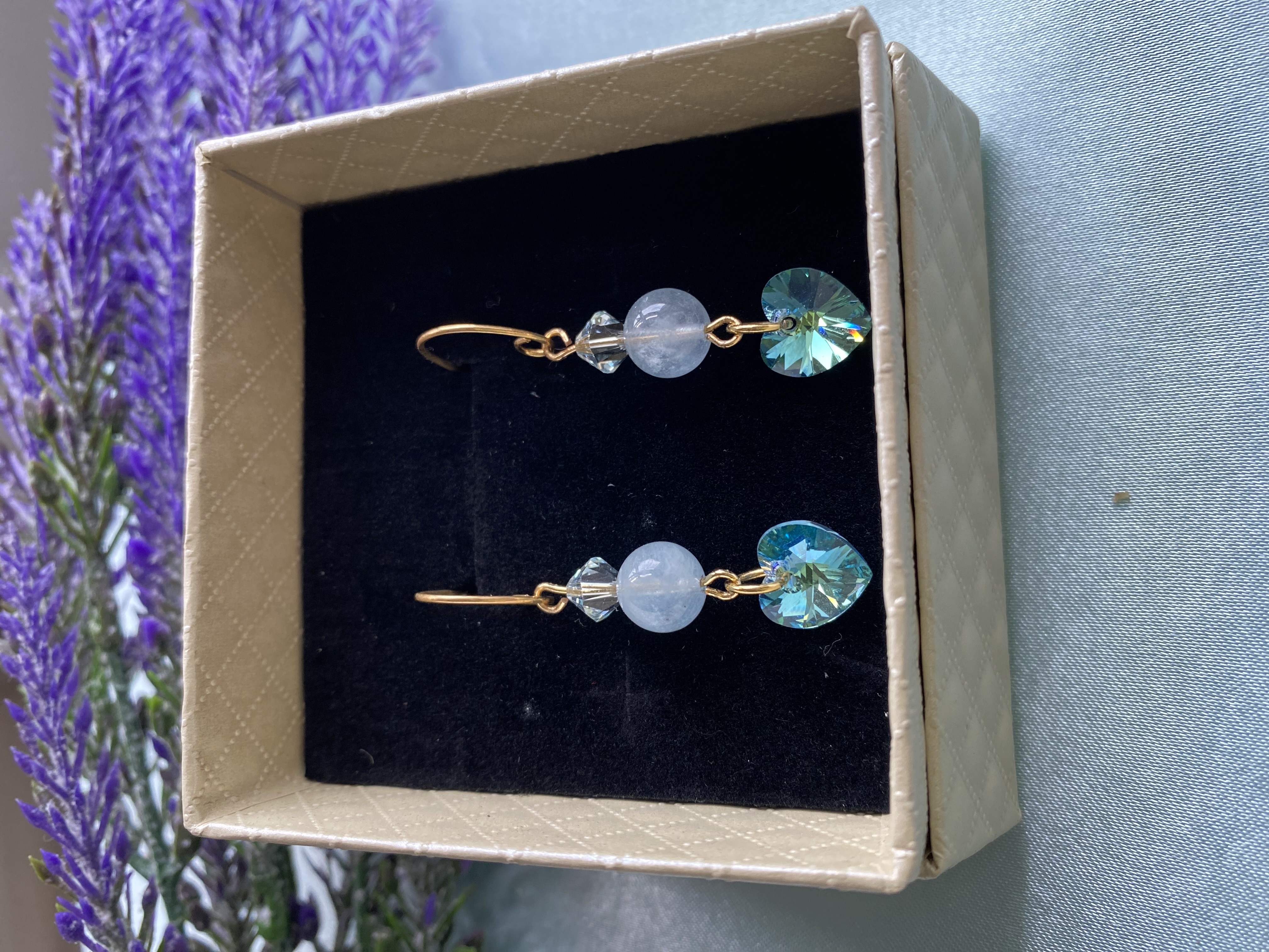 Aquamarine & Swarovski heartshape crystals earrings