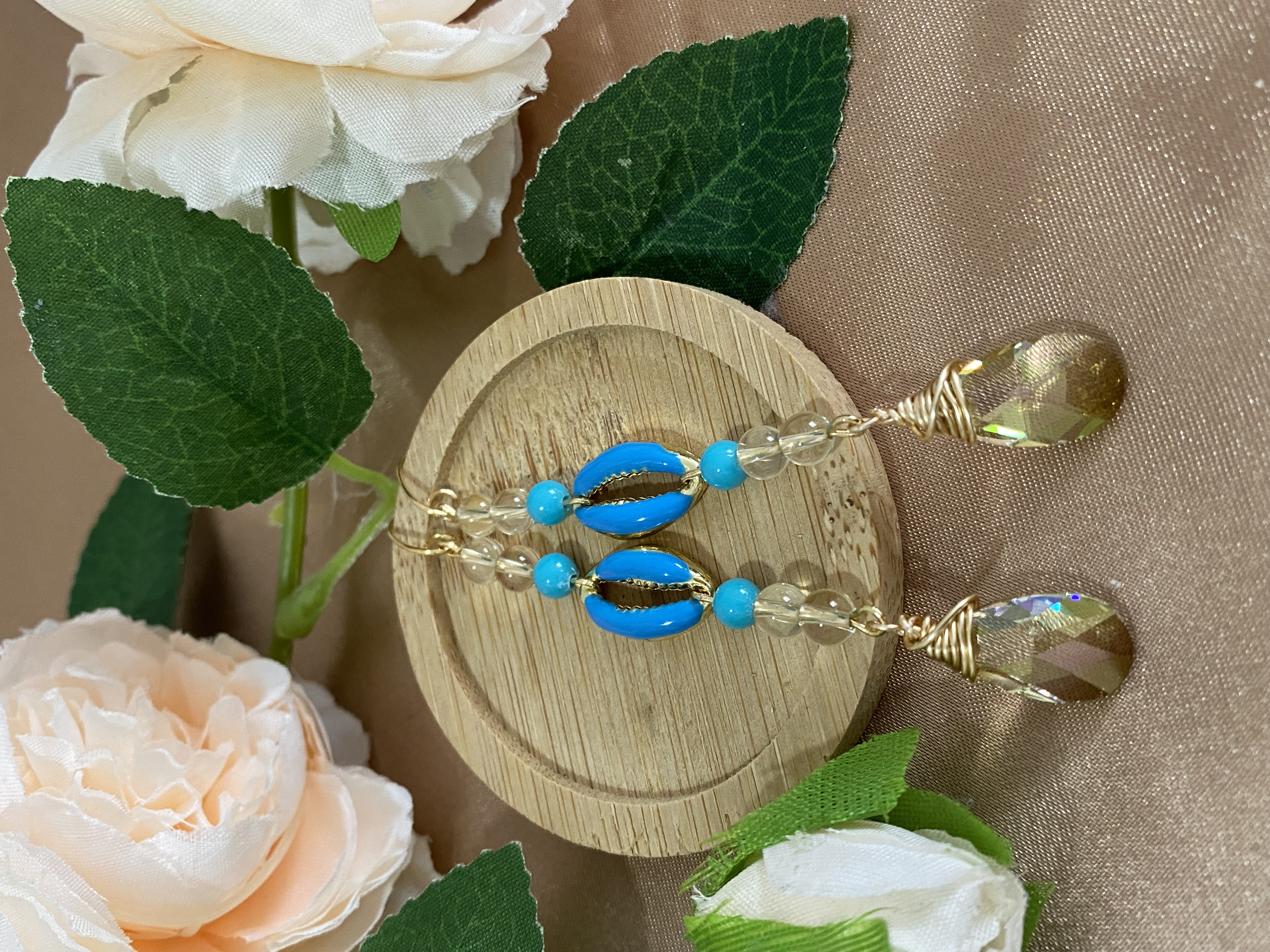 Wire wrapped Swarovski teardrop beads, Citrine & seashell charms