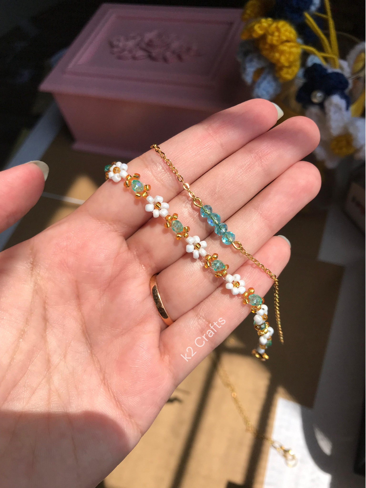 White Flower Blue Beaded Bracelet Pair