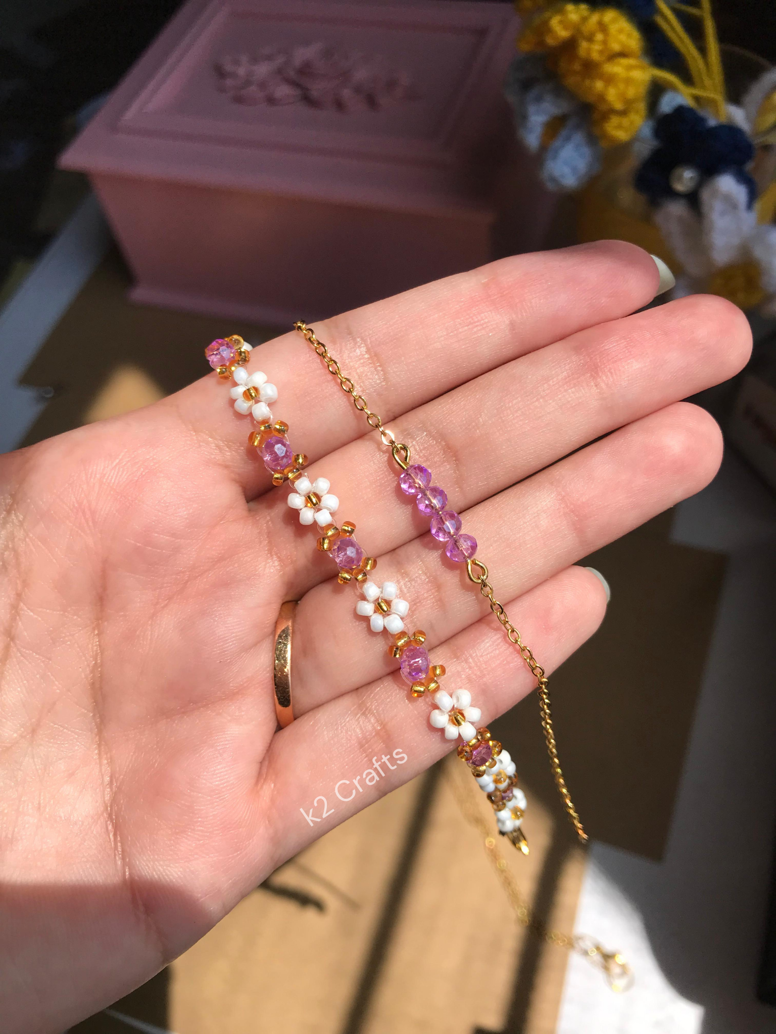 White Flower Purple Beaded Bracelet Pair