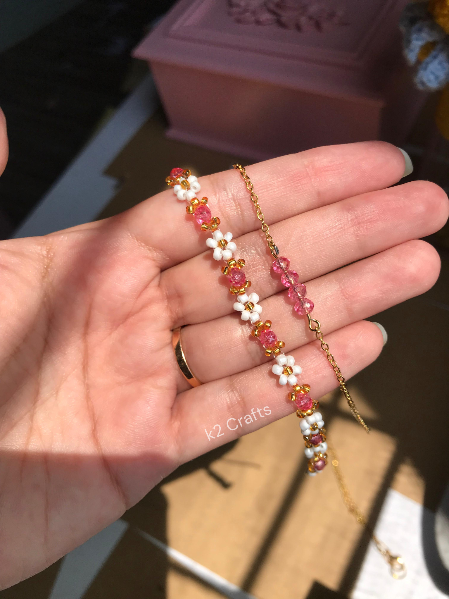 White Flower Pink Beaded Bracelet Pair