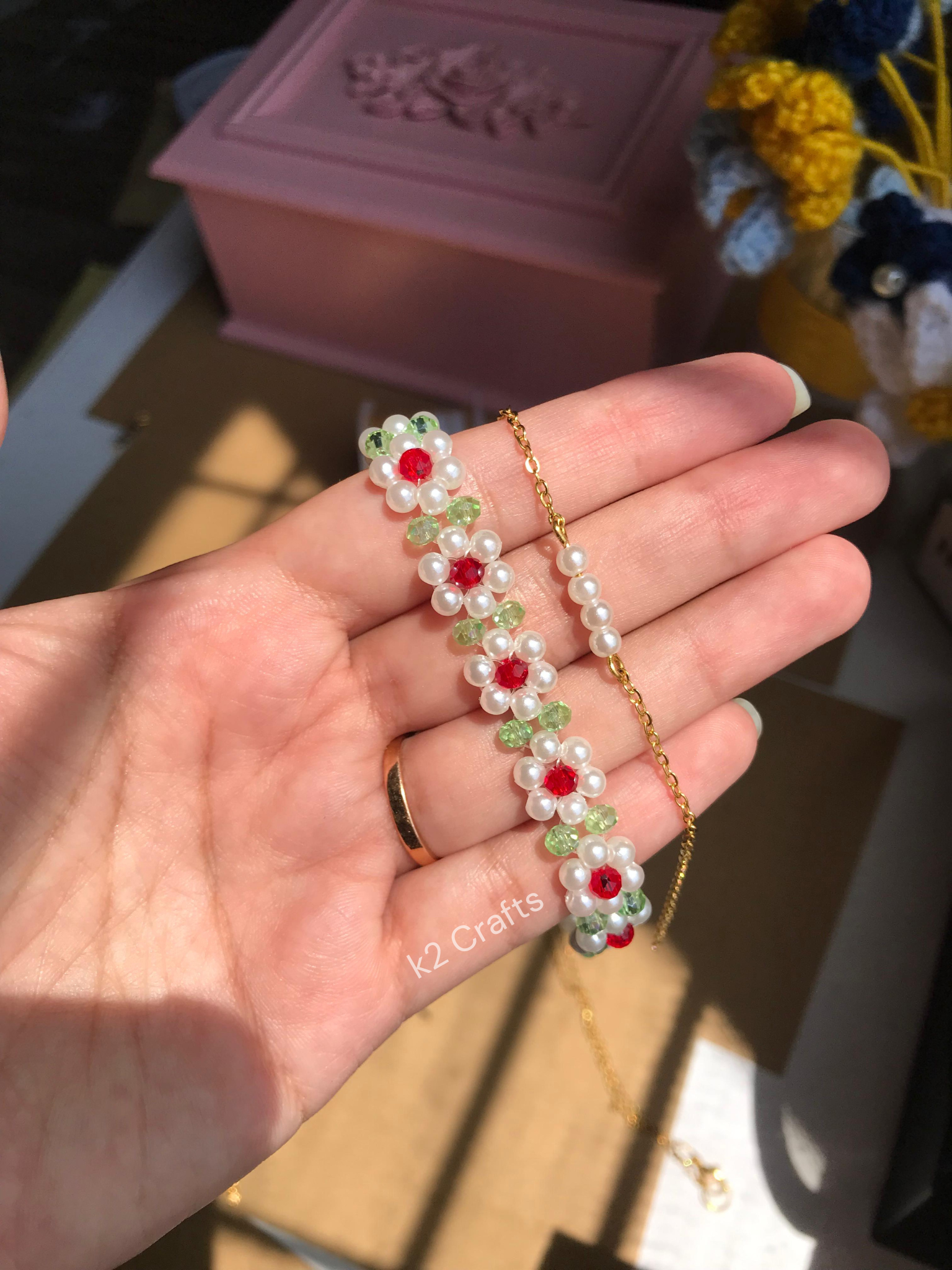 Pearly Flower with red bead Bracelet Pair