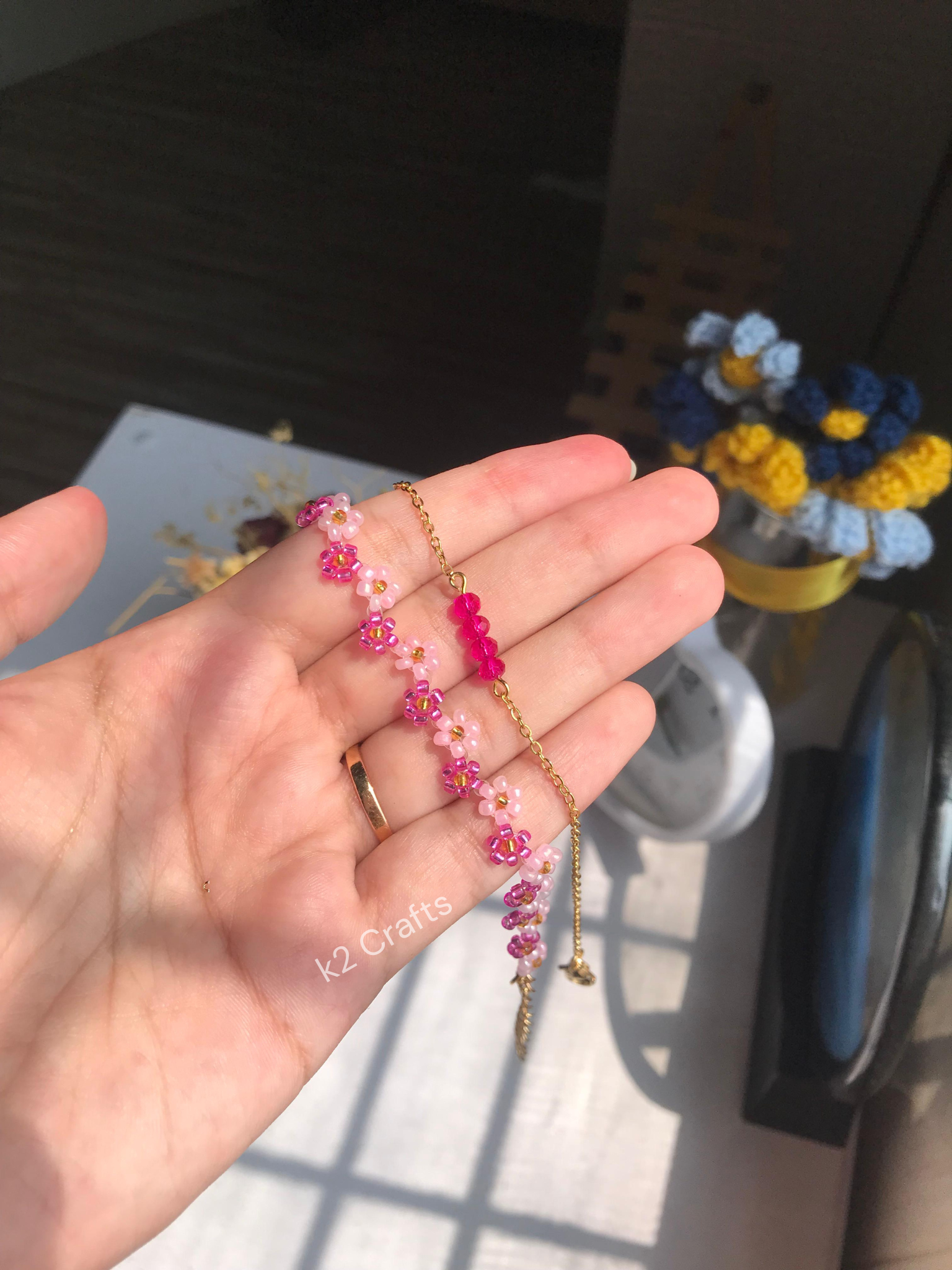 light and dark Pink Flower Beaded Bracelet Pair
