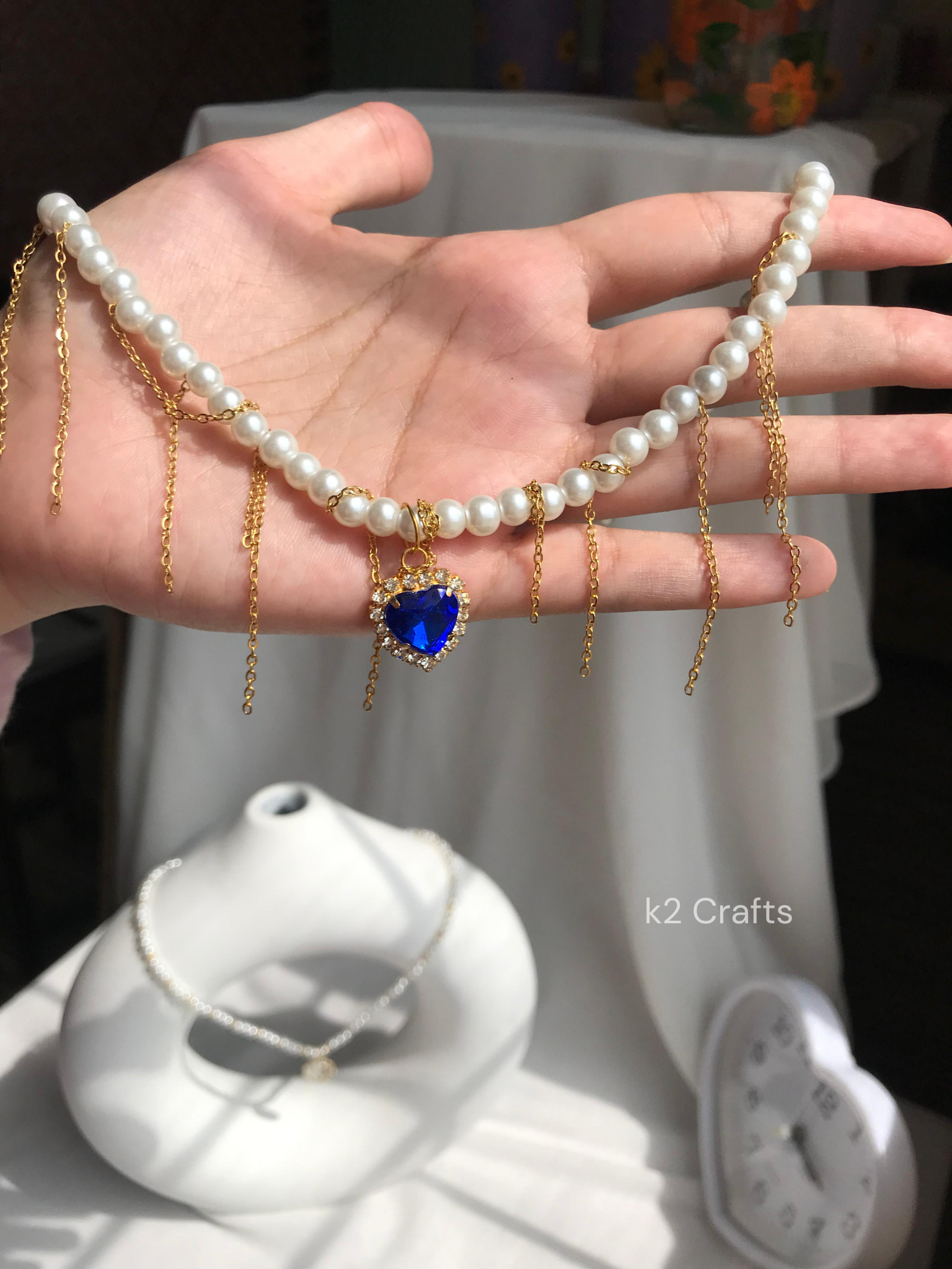 Pearl Dropping Chains Blue Heart Necklace 