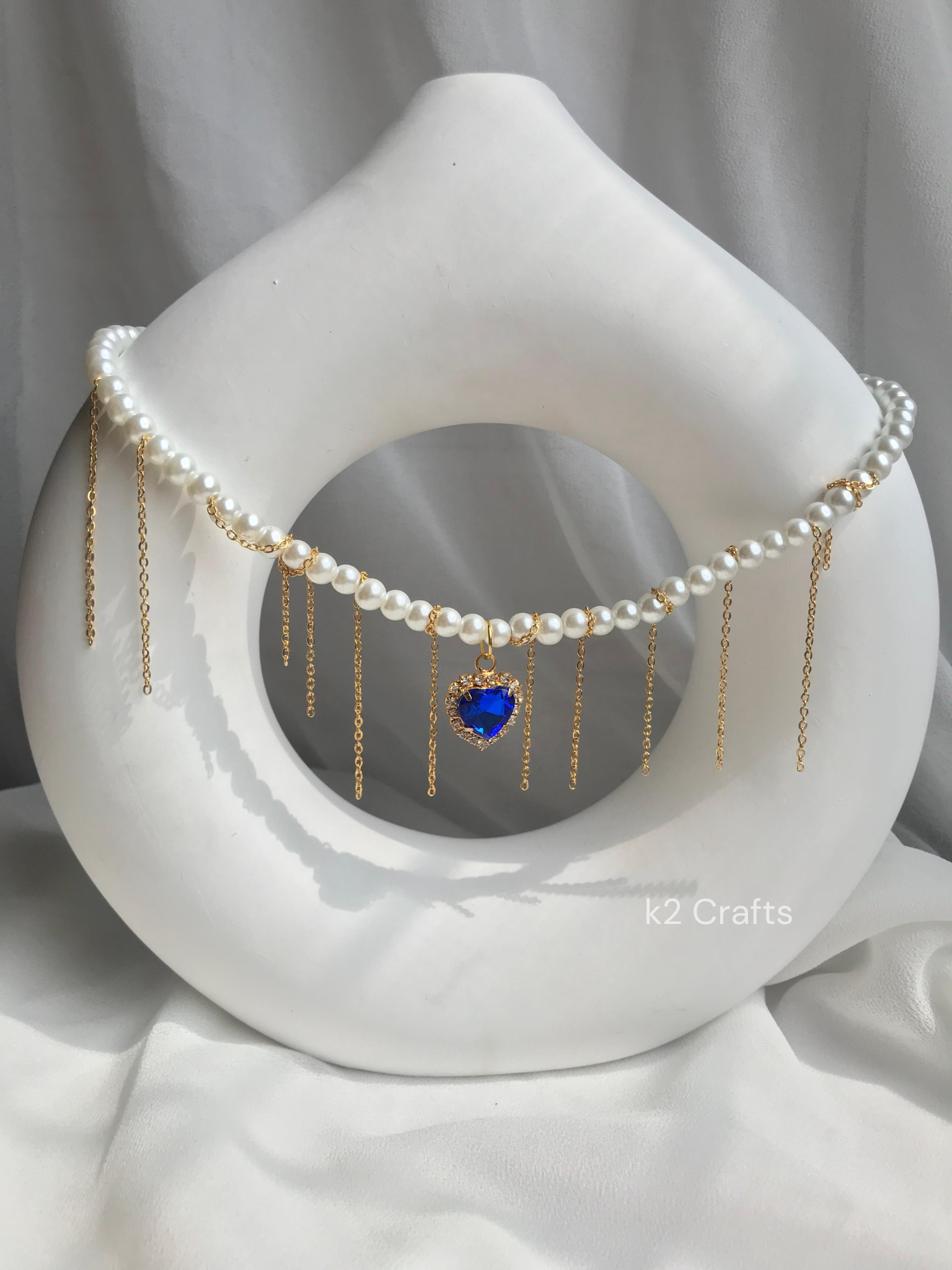 Pearl Dropping Chains Blue Heart Necklace 
