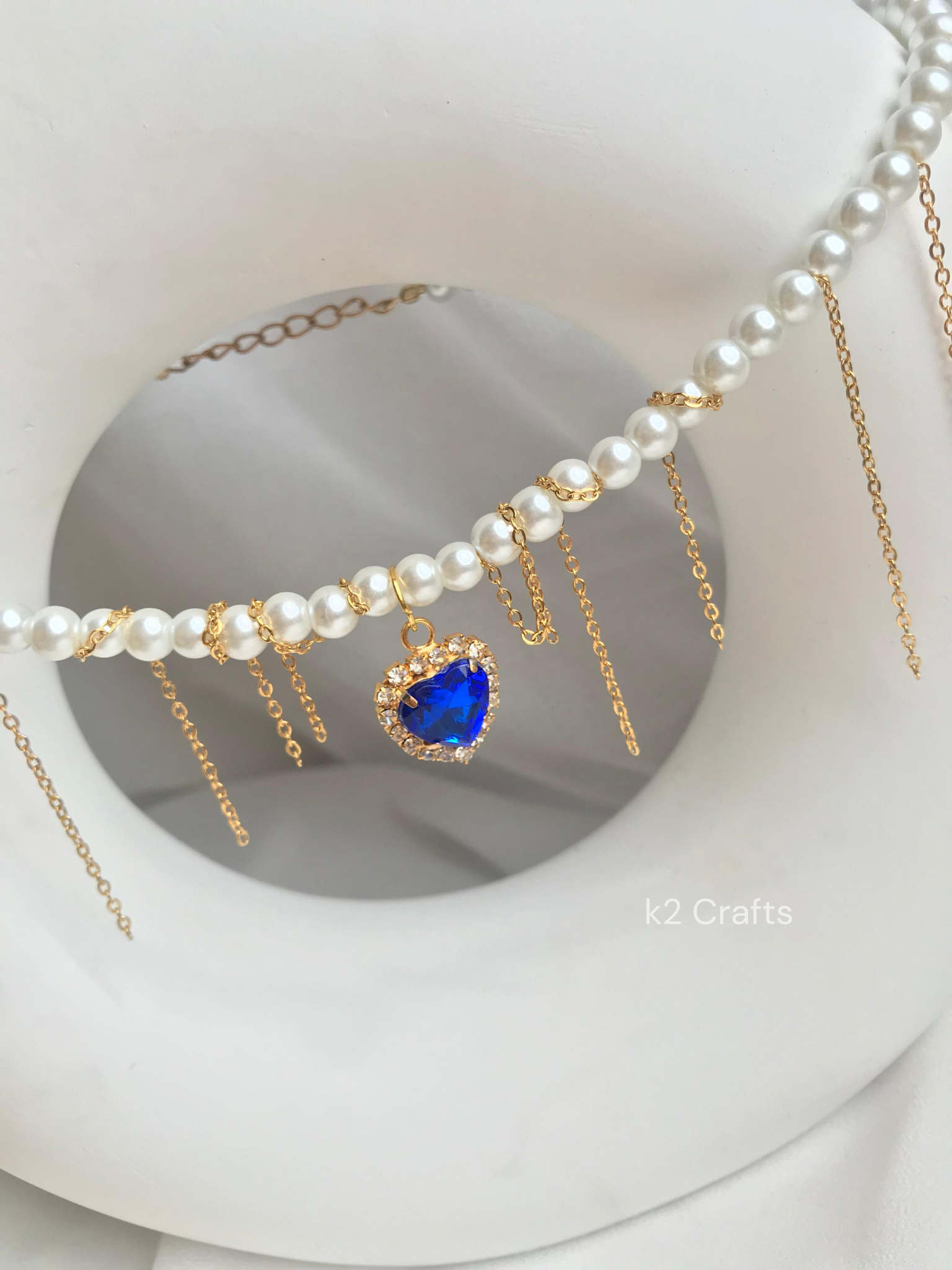 Pearl Dropping Chains Blue Heart Necklace 