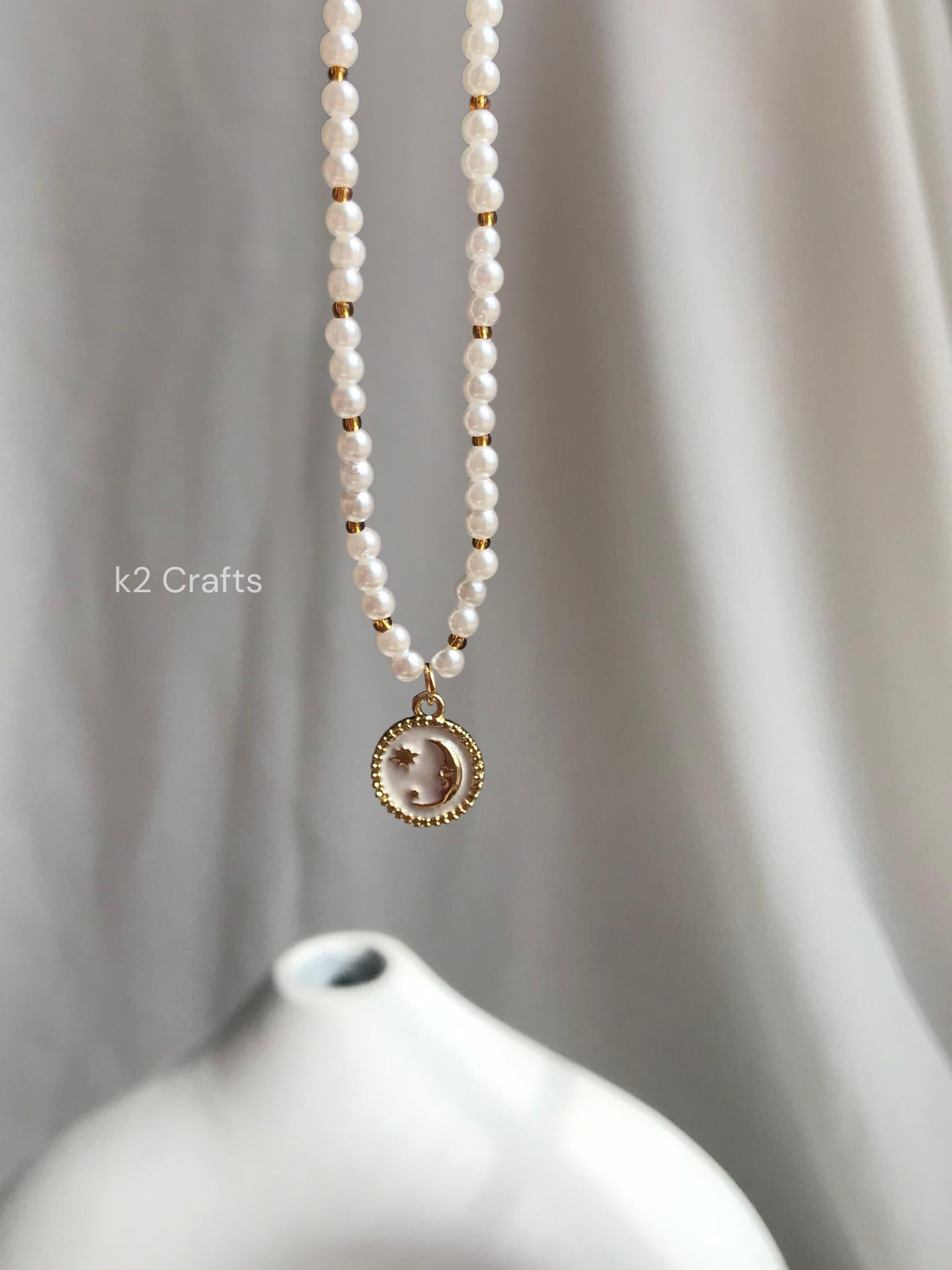 Pearl Necklace with White Moon Star Charm