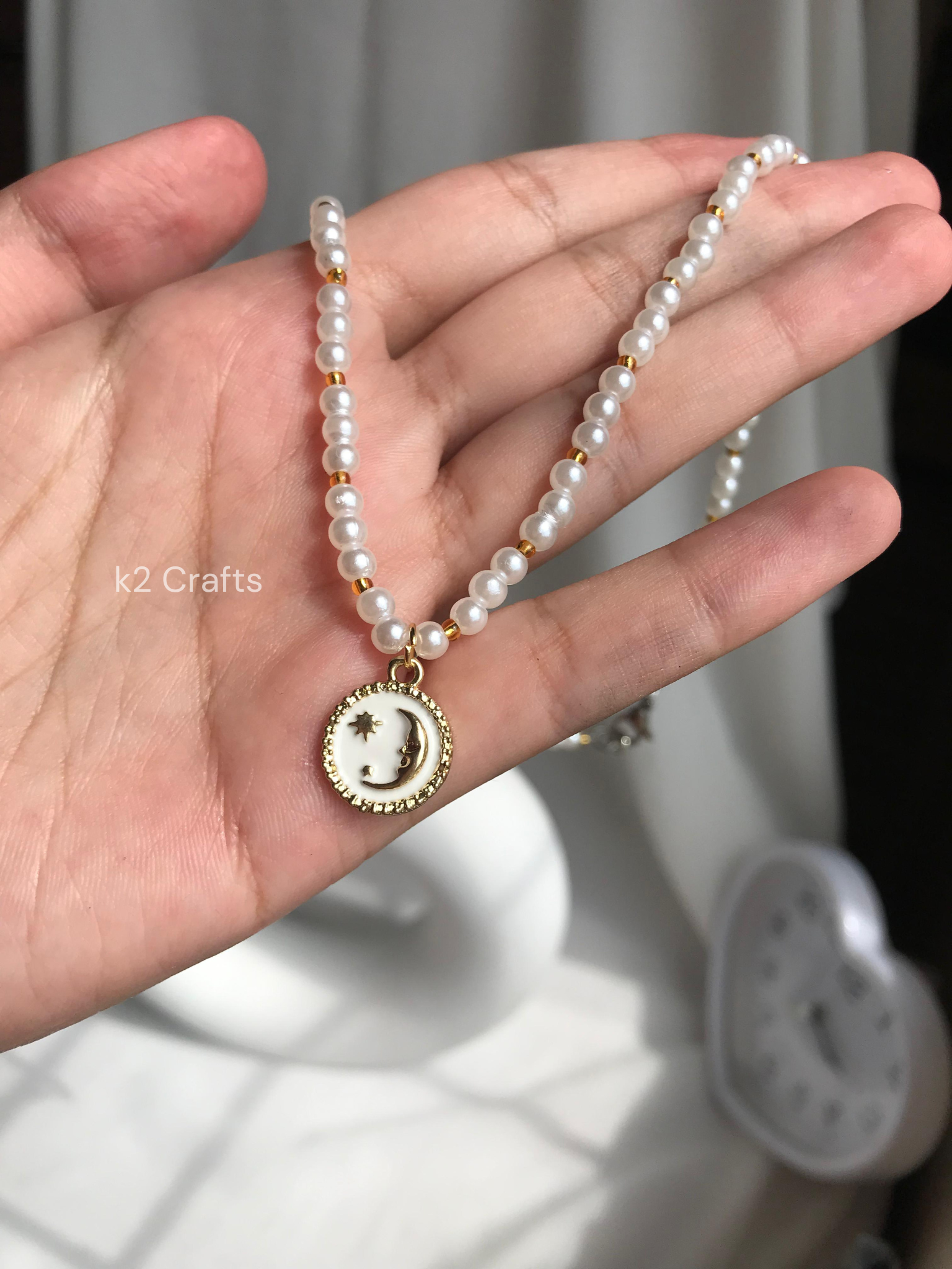 Pearl Necklace with White Moon Star Charm
