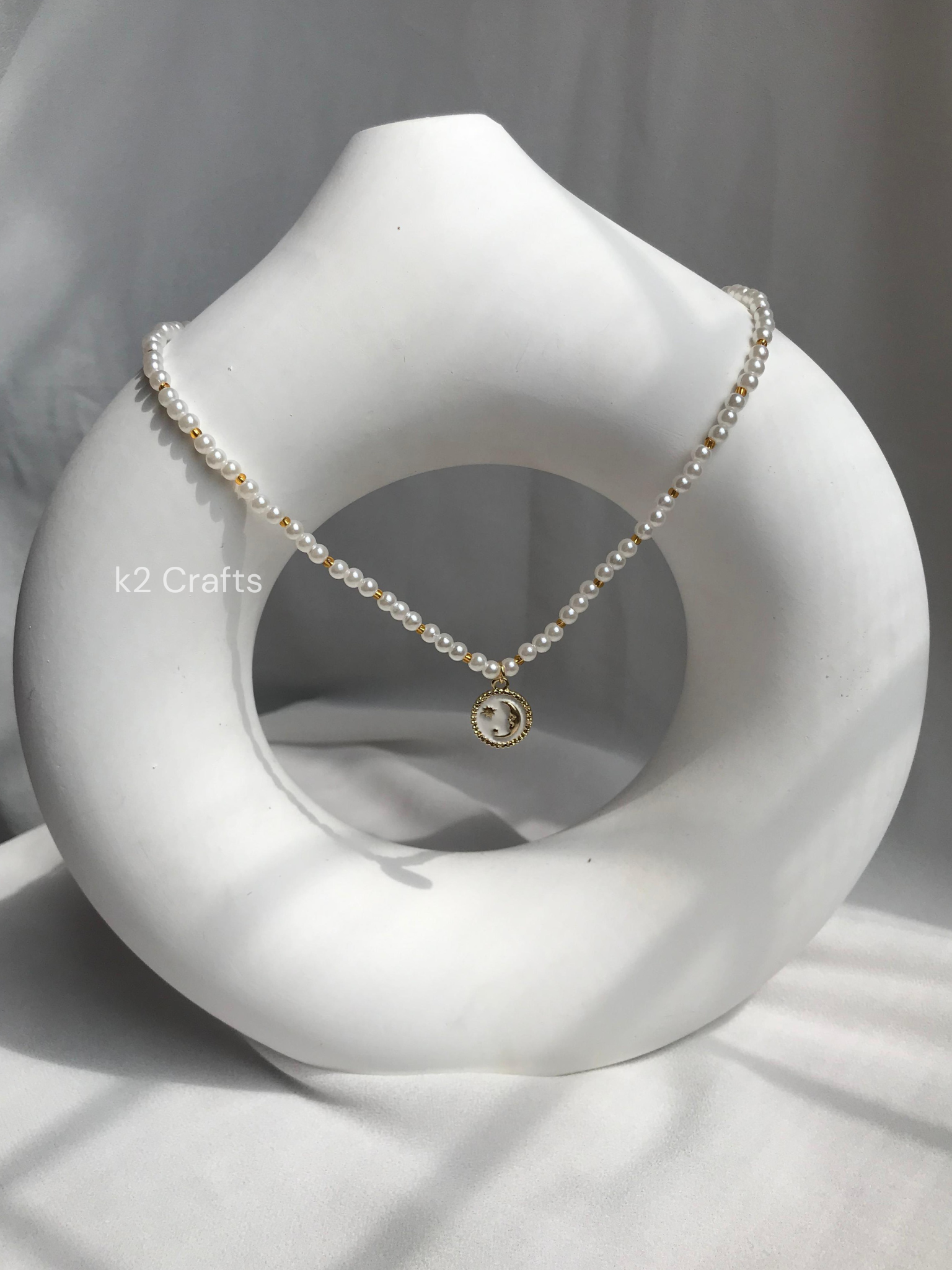 Pearl Necklace with White Moon Star Charm