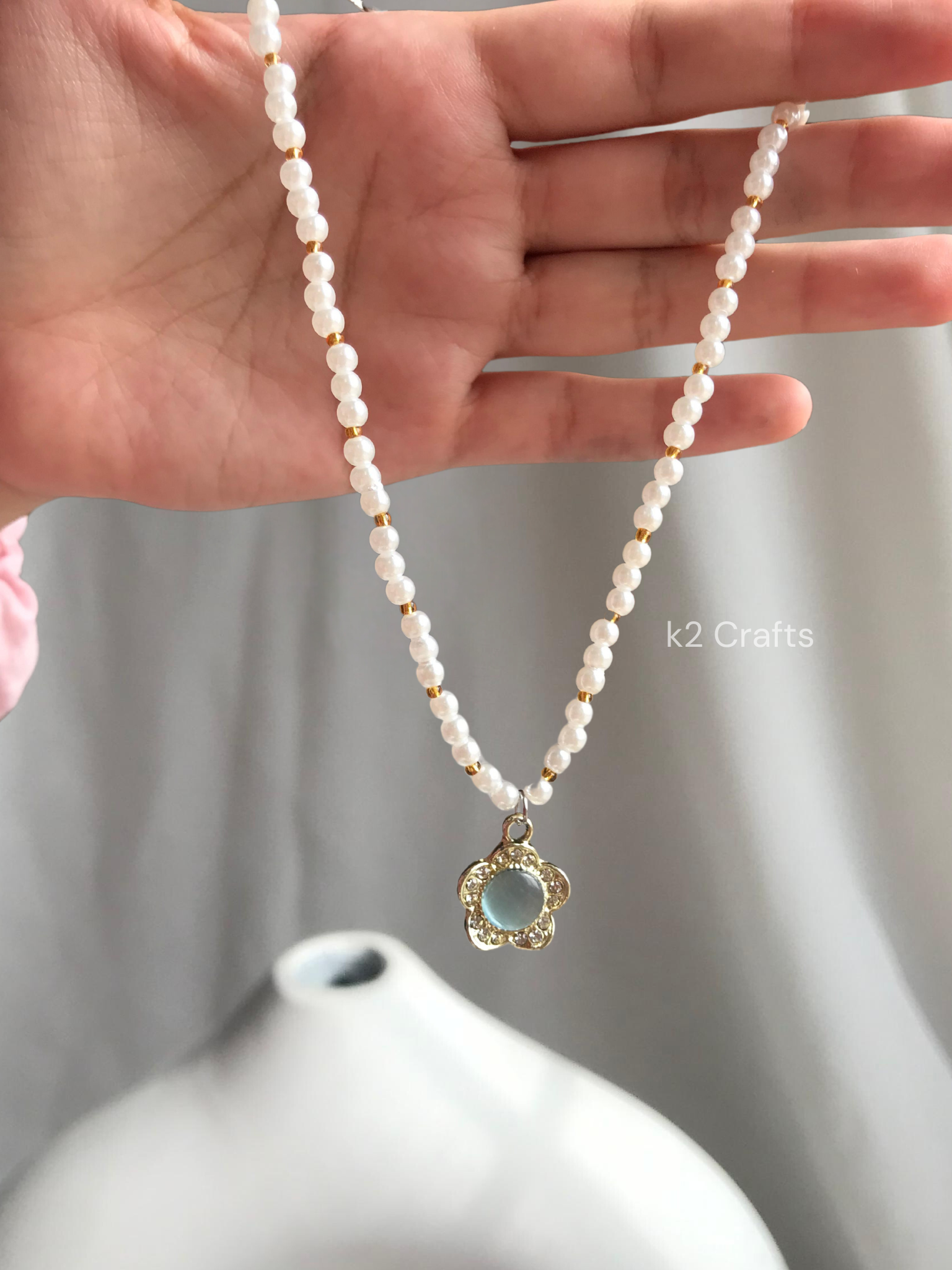 Pearl Necklace with Flower Charm sky blue