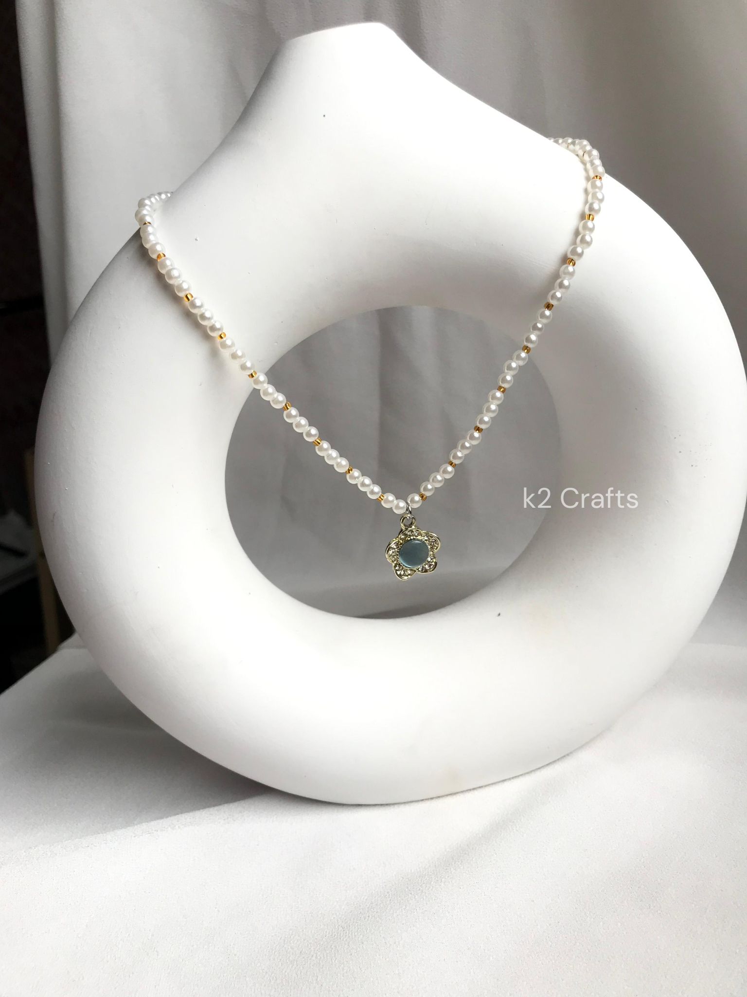 Pearl Necklace with Flower Charm sky blue