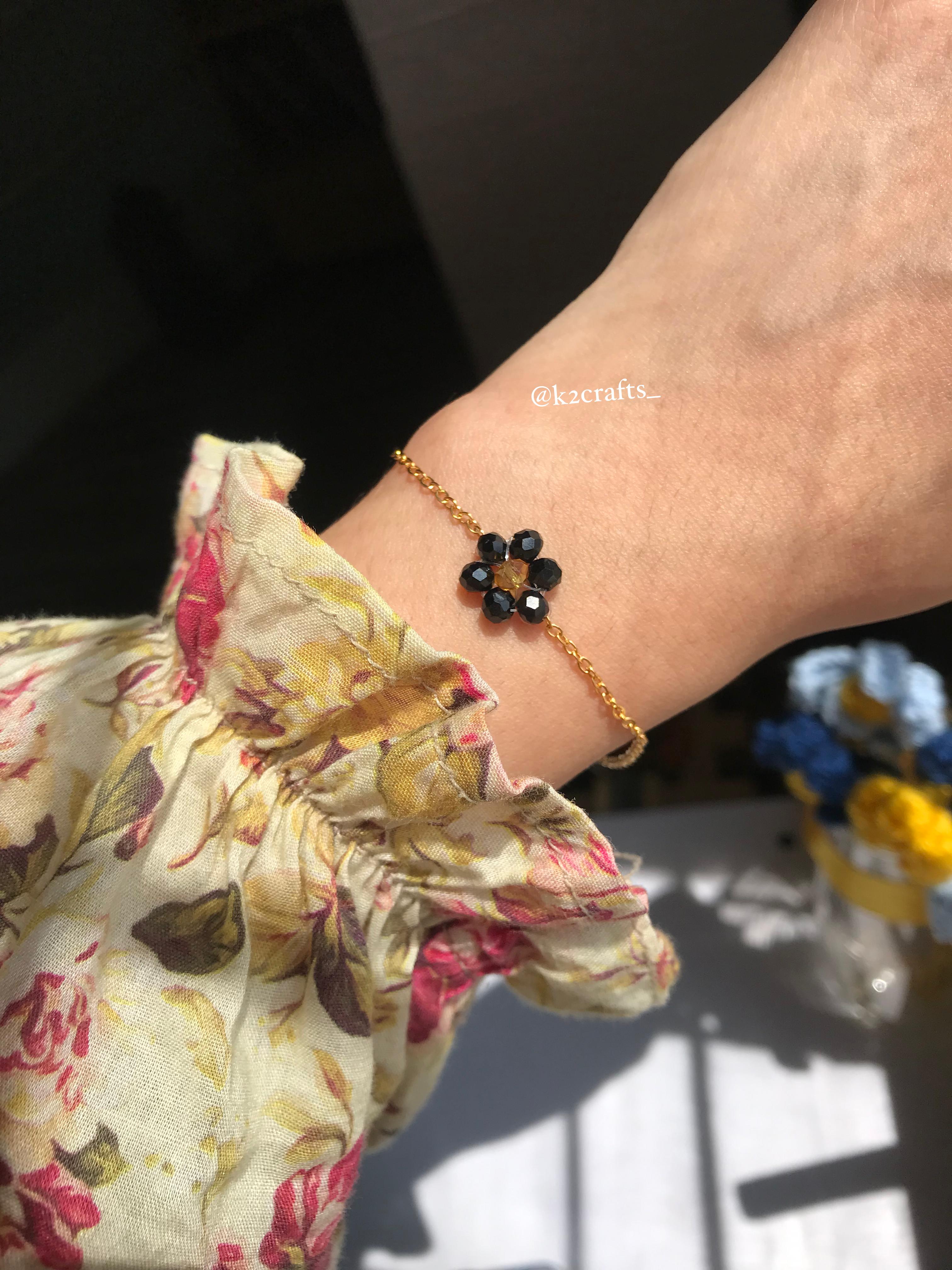 Black Beaded Flower Chain Bracelet