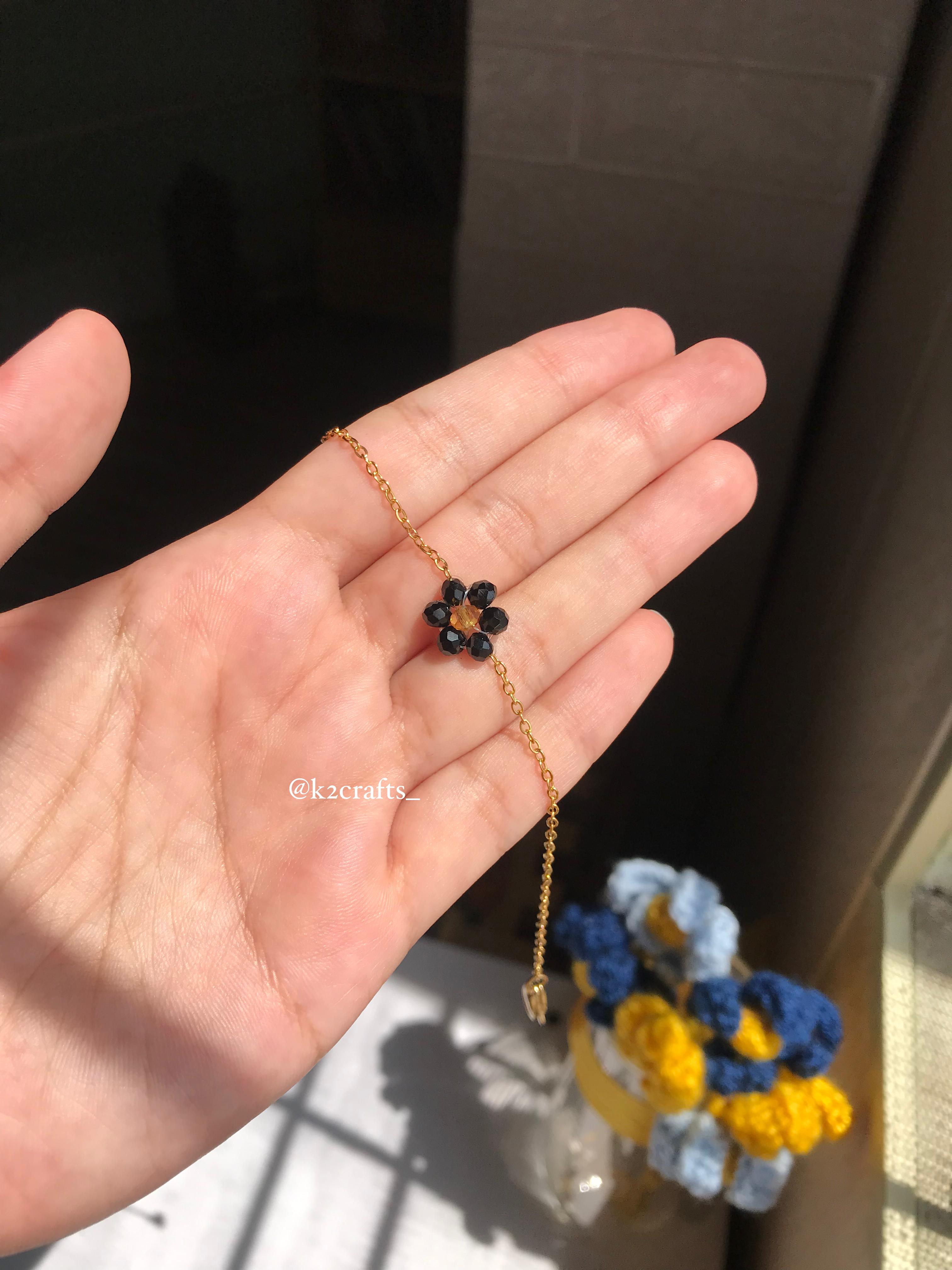 Black Beaded Flower Chain Bracelet 