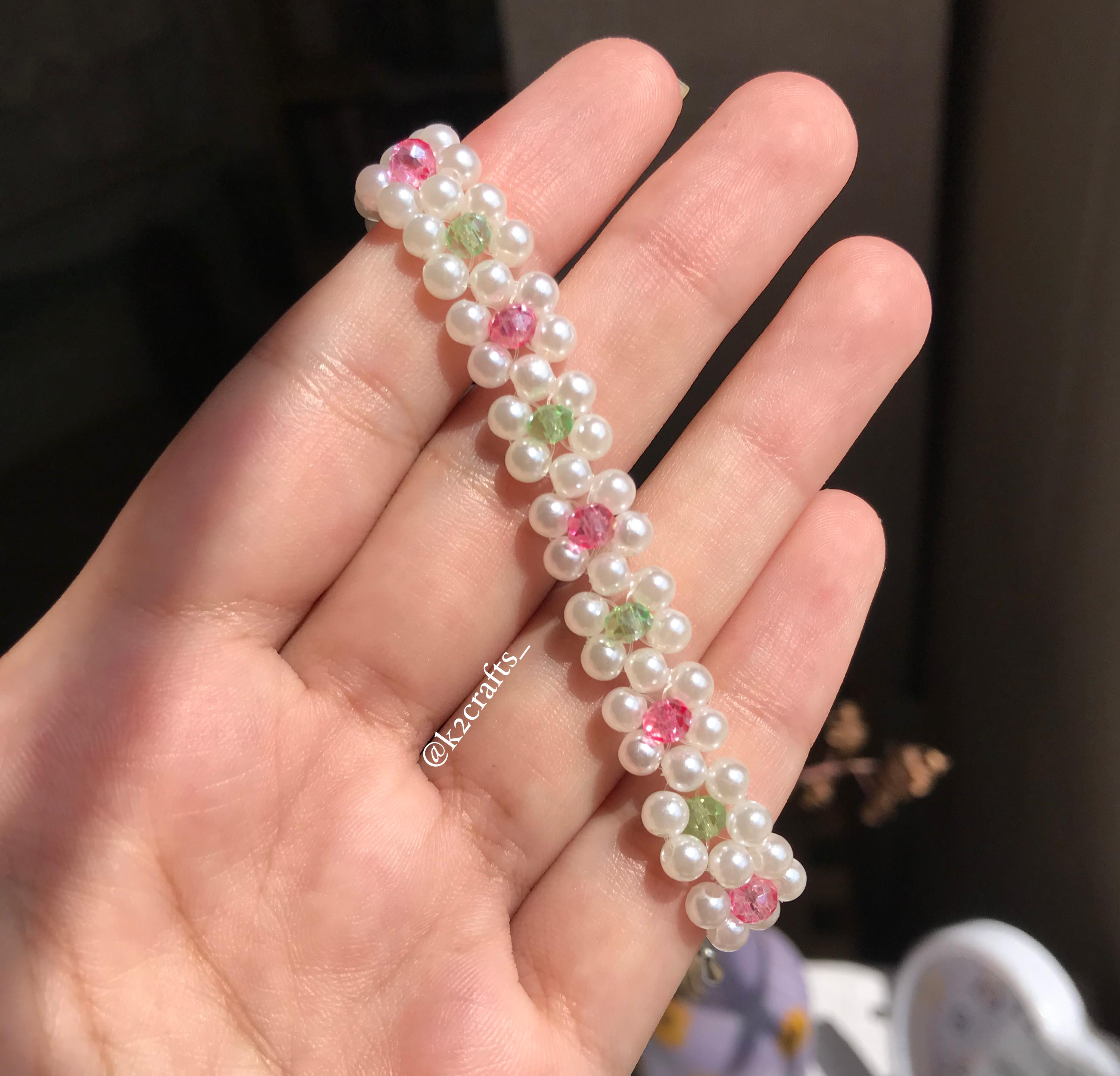 Pearl Flower Bracelet with Pink and Green Beads