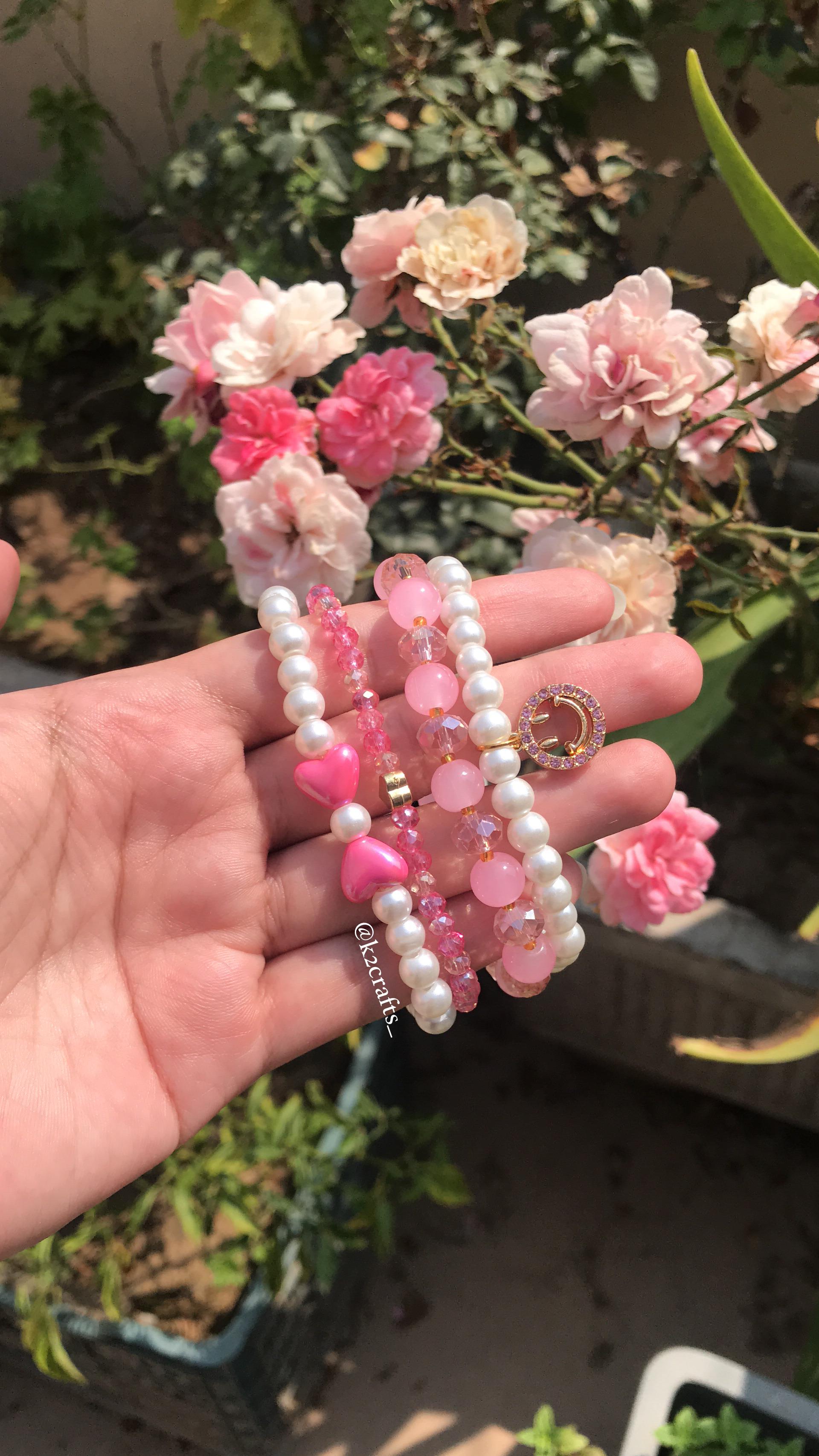 Beaded Bracelet Stack Pink and Pearly