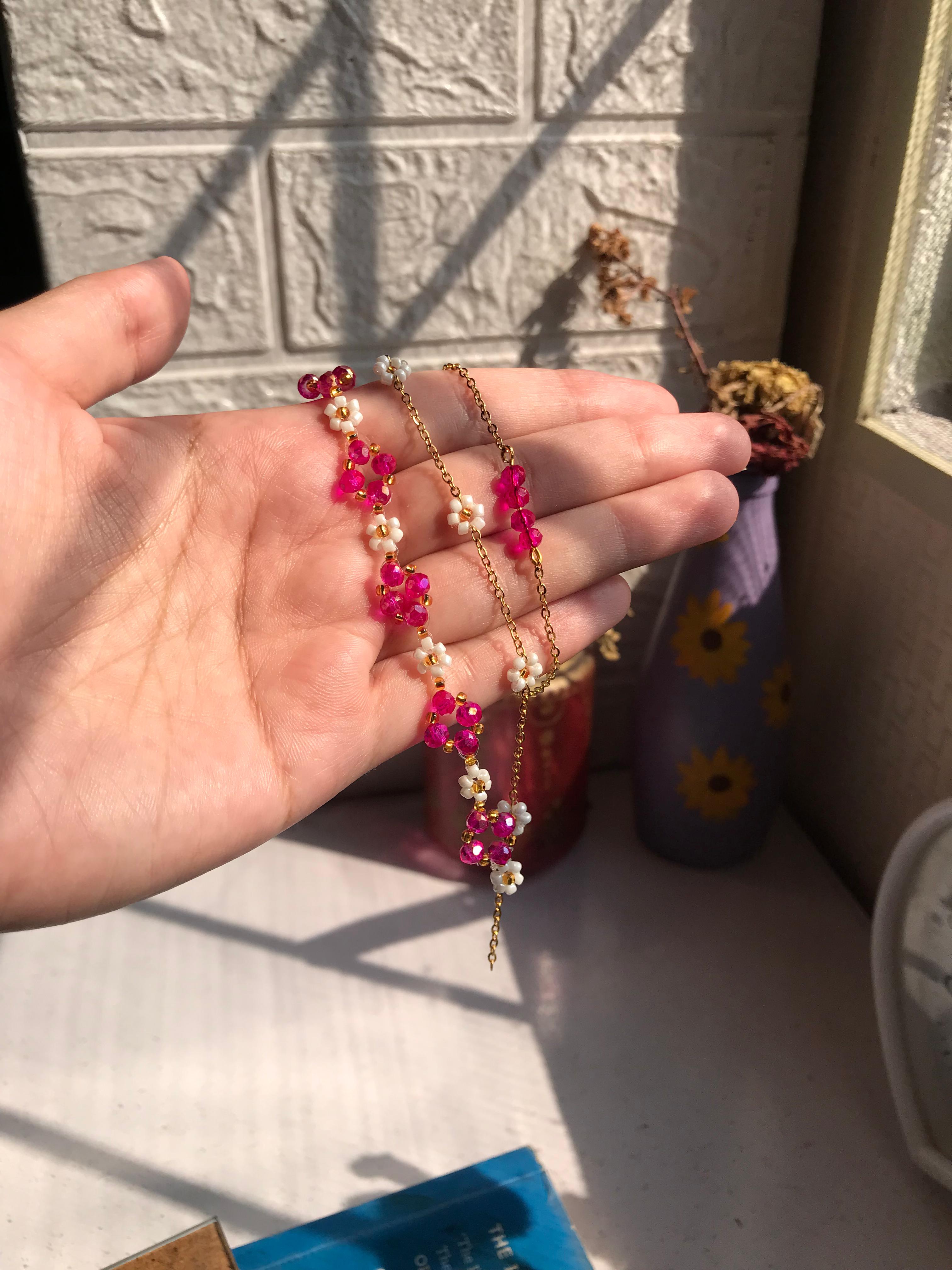 White daisy Dark pink beads Bracelet Stack
