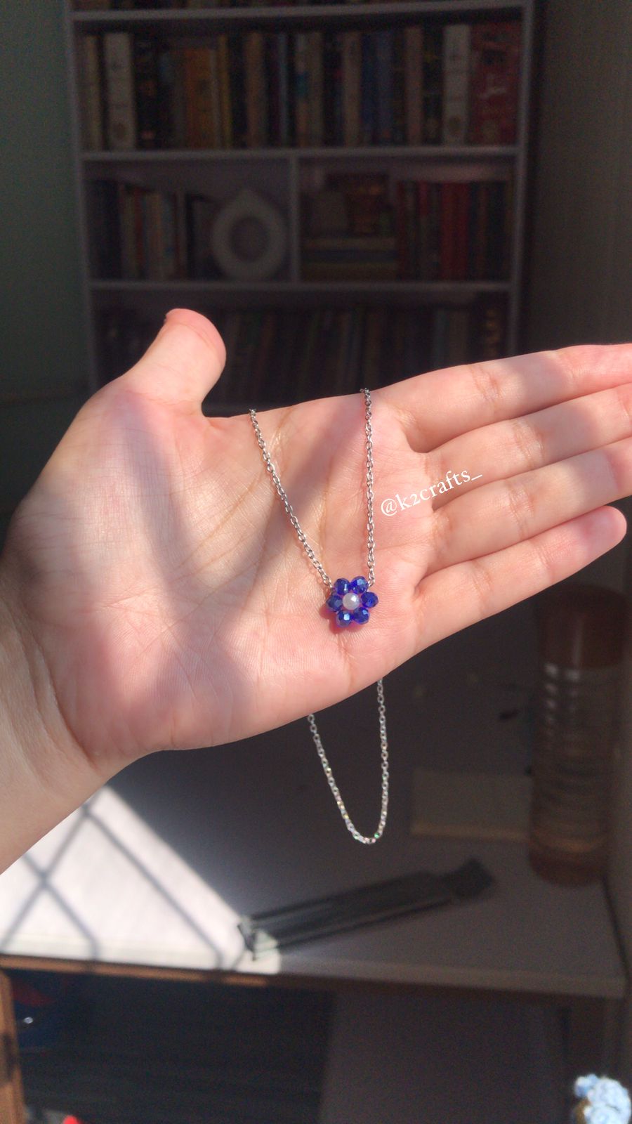 Blue Beaded Flower Silver Chain Necklace